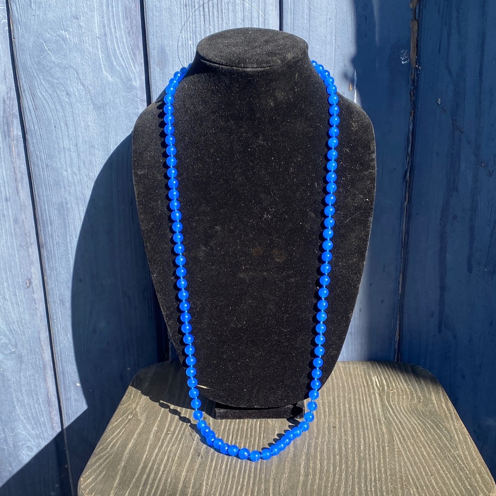 Natural Blue Jade Necklace 36” - Vibrant Electric Blue